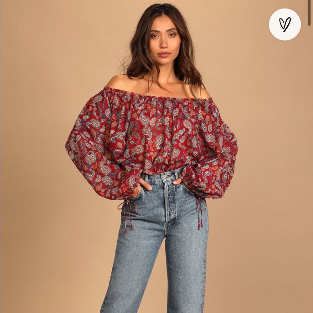 Free People Sundown Rust Red Paisley Print Off-the-Shoulder Bodysuit